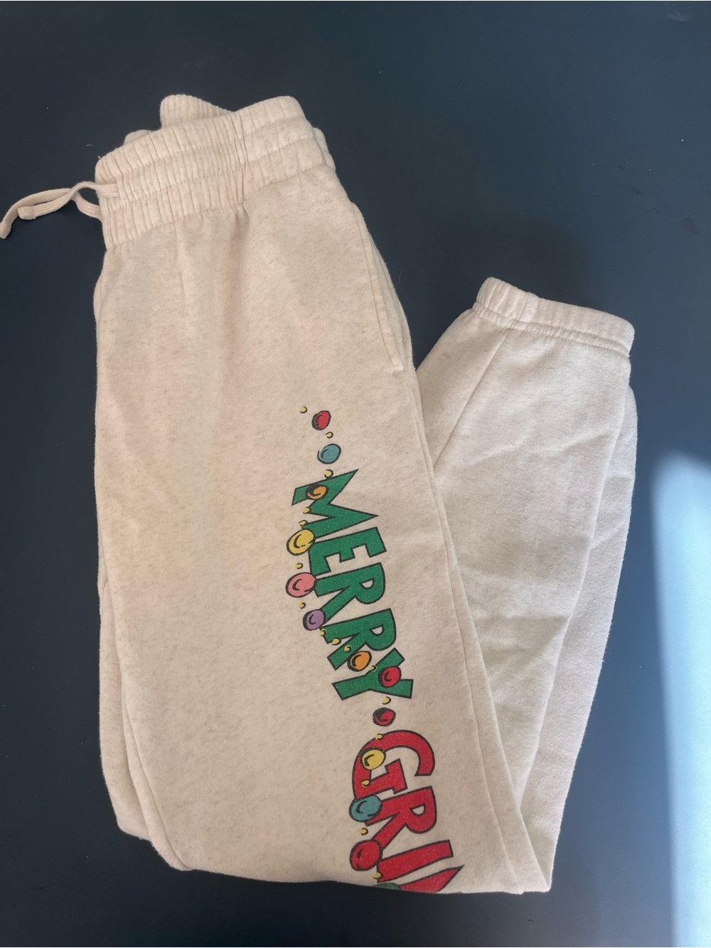 Target Cream Sweatpants with Colorful 'Merry' Graphic